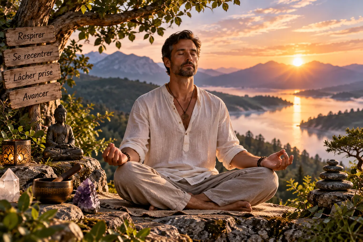 Homme méditant en posture lotus au lever du soleil, entouré de pierres et de végétation, signaux "Respirer, Se recentrer" à gauche. Vue panoramique sur lac et montagnes.