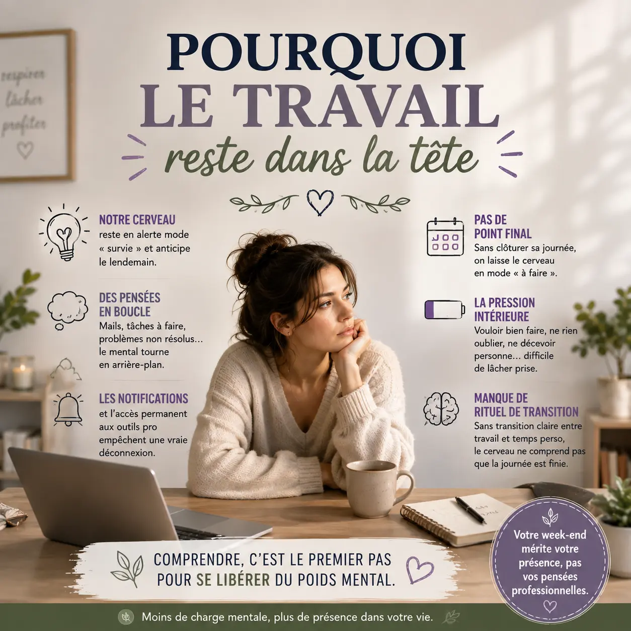 Une jeune femme assise à un bureau, regardant pensivement devant elle, entourée d’icônes et de texte sur le stress et le travail mental.