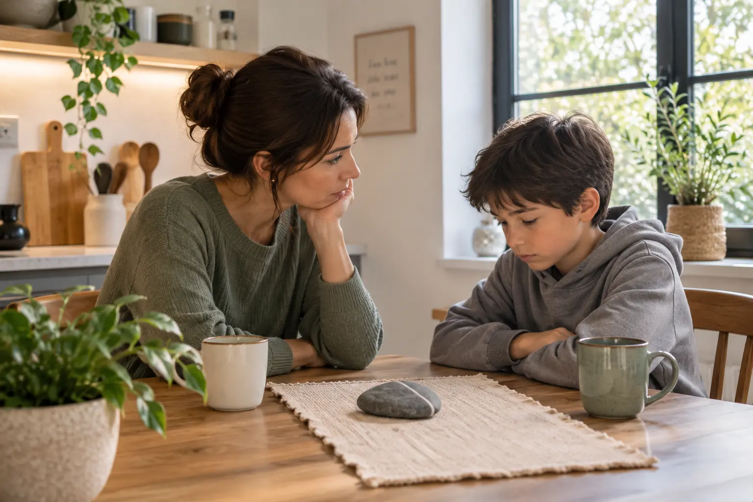 Mère et enfant chuchotent et se regardent autour d’une table en bois, milieu calme avec plante et mug, pierre naturelle au centre.