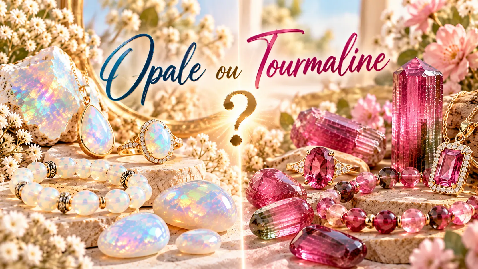 Opale ou Tourmaline : bracelets et pendentifs scintillants en opale et tourmaline sur fond floral, lumière chaleureuse et Opale ou Tourmaline : bracelets et pendentifs scintillants en opale et tourmaline sur fond floral, lumière chaleureuse et