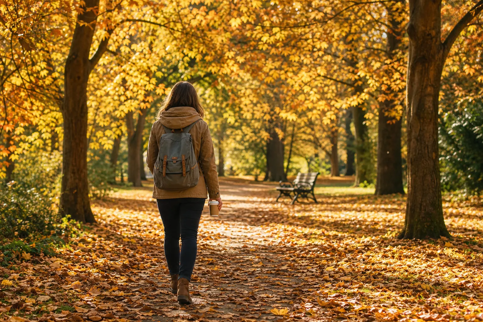 Personne marchant dans un parc aux feuilles d’automne, sac à dos, chemin recouvert de feuilles mélancolie. pourquoi je suis plus fatigué en automne?