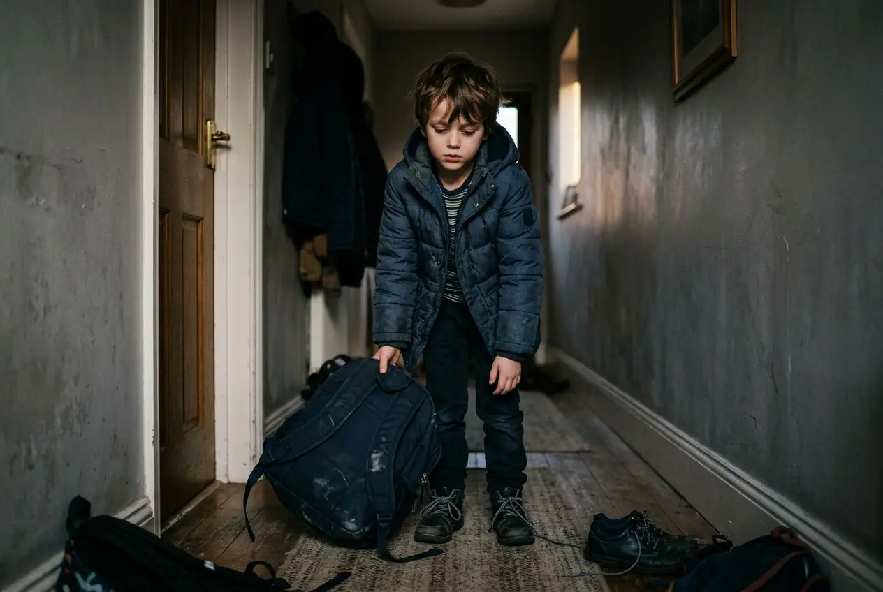 Petit garçon dans un couloir sombre, près de son sac à dos et de ses chaussures, prêt à partir ou revenir de l’école. pourquoi mon enfant ne veut-il plus aller à l'école ?