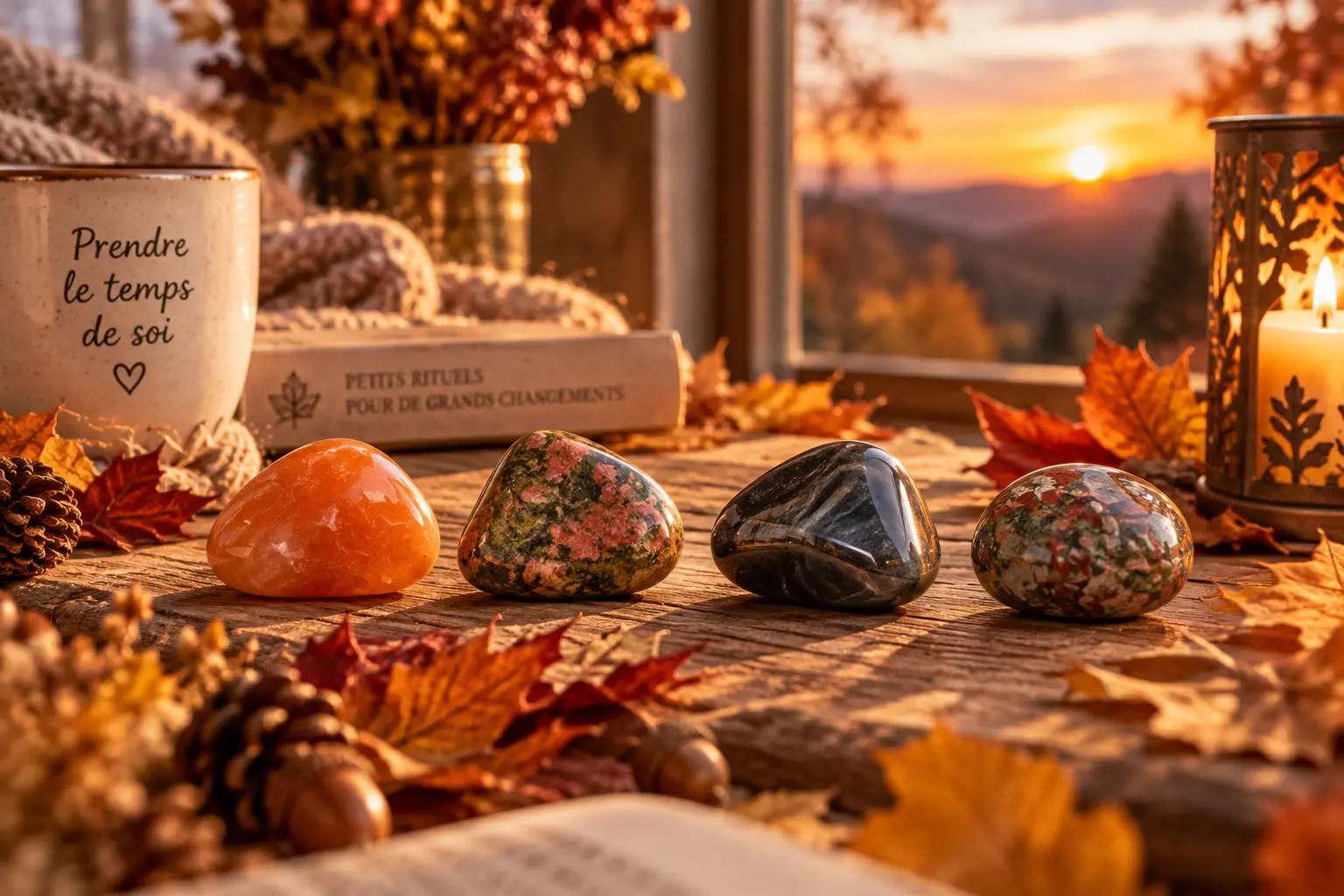 Petites pierres naturelles colorées sur une table en bois, décor automnal avec feuilles, bougies et tasse “Prendre le temps de soi” en arrière-plan.