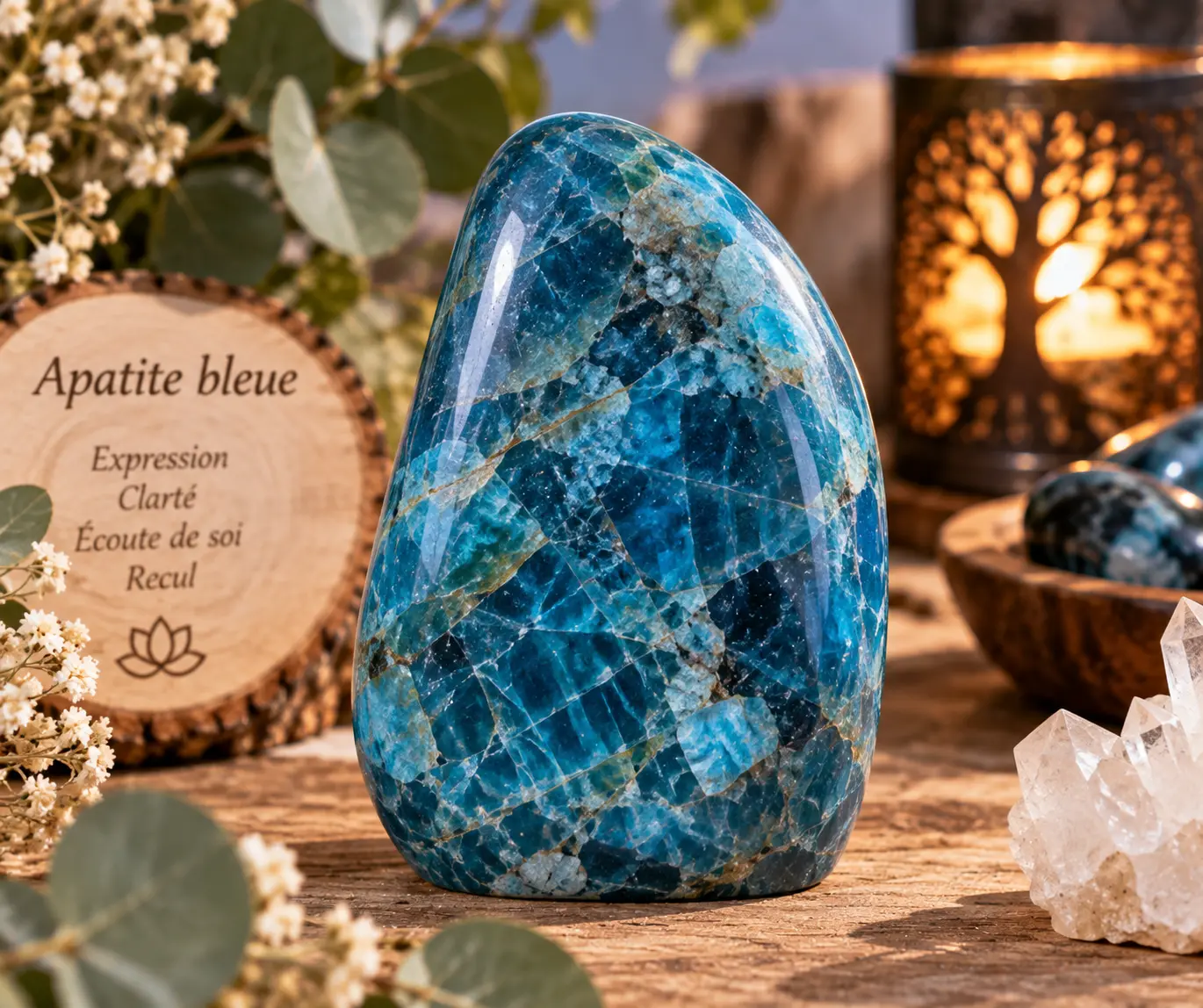 Pierre d’apatite bleue polie, fascine par ses tons azurs et ses veines blanches, entourée d’éléments naturels et d’une ambiance zen.