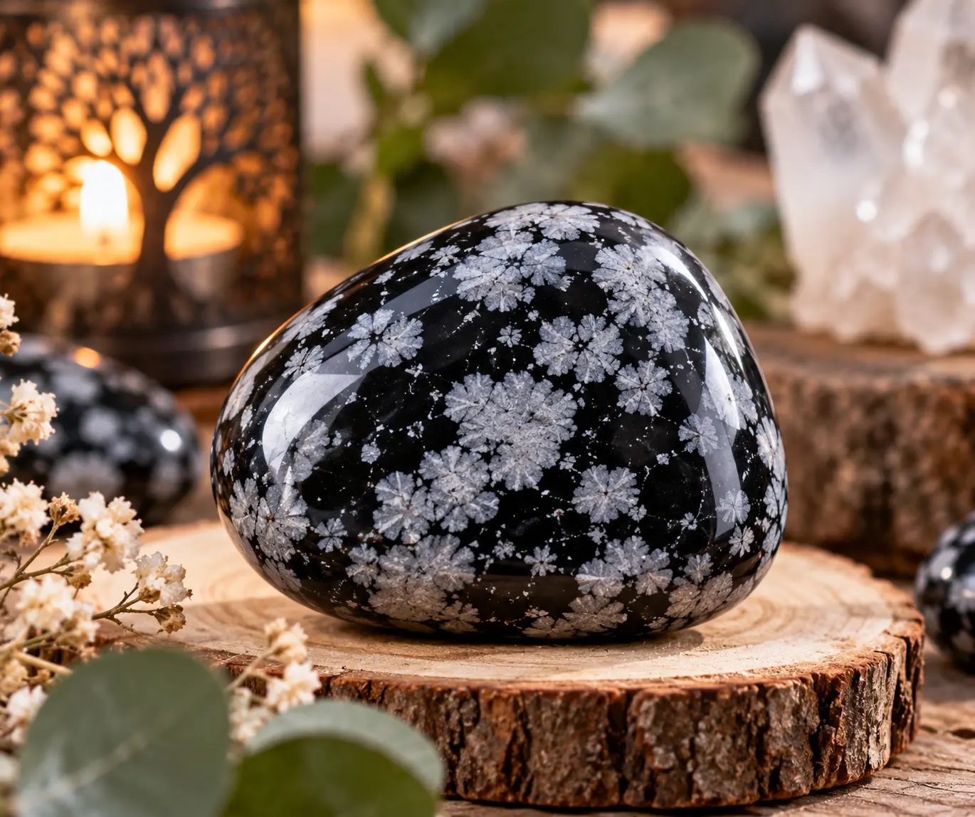 Pierre roulée en obsidienne neige, garnie de motifs flocons, posée sur une tranche de bois avec ambiance zen et lumineux en arrière-plan.