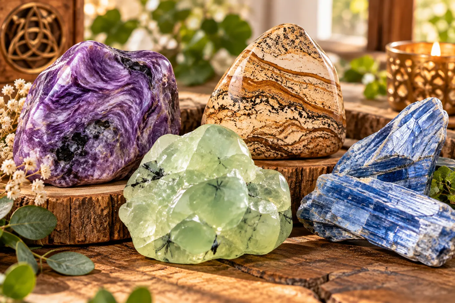 Pierres et cristaux colorés (améthyste violette, calcédoine verte, howlite bleue, pierre boisée caramel) posés sur des