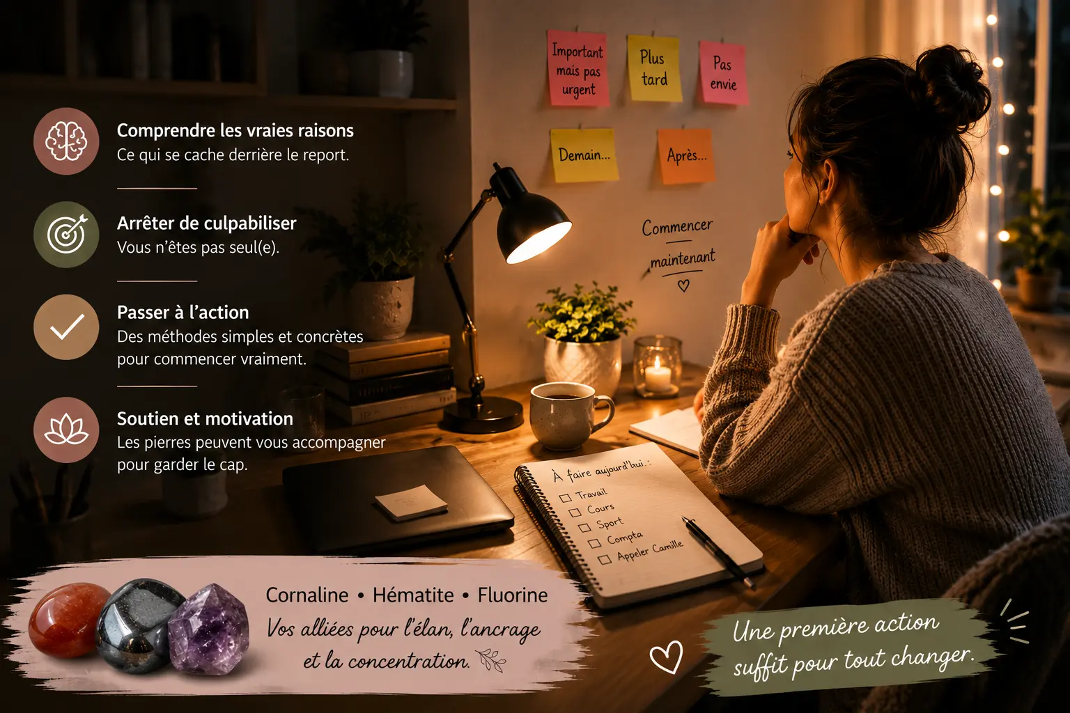 Pourquoi j'ai besoin d'être seule : une personne écrivant et réfléchissant à son espace calme après une semaine chargée, avec notes et lampe de bureau.