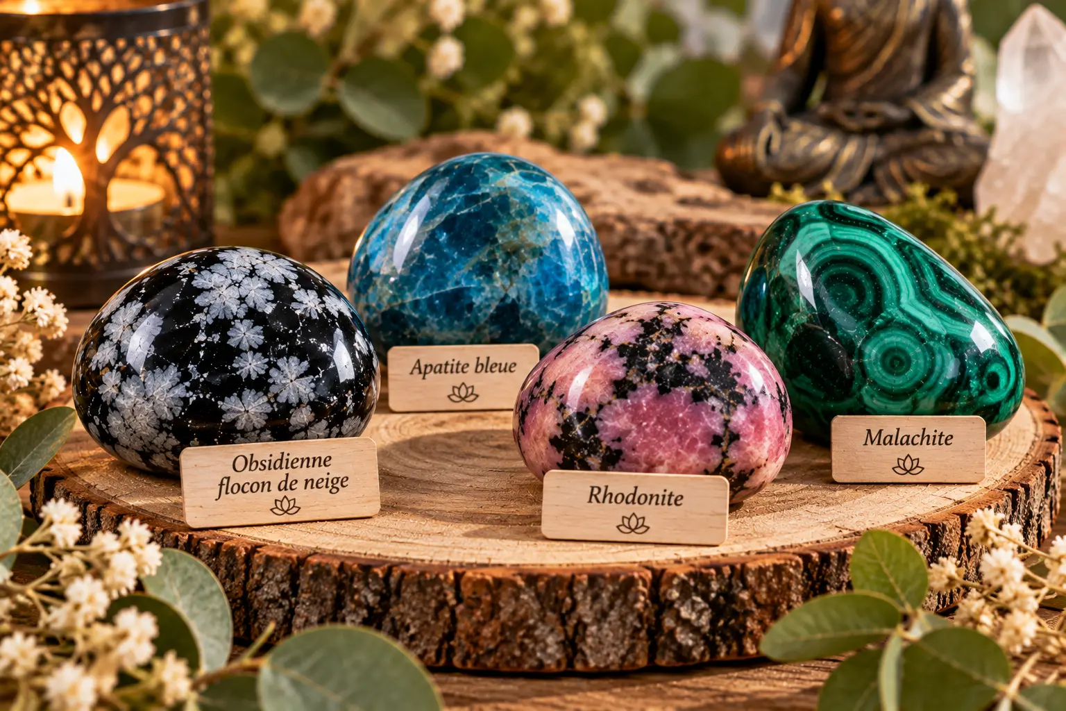 Quatre pierres polies et colorées sur une tranche de bois, avec étiquettes lisibles: Obsidienne flocon de neige, Apatite bleue, Rhodonite et Malachite; ambiance chaleureuse et apaisante.