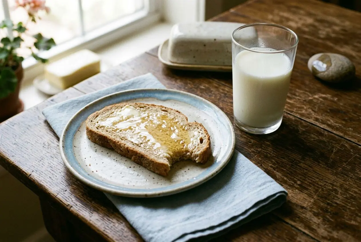 Tranche de pain avec confiture sur assiette, verre de lait, décor simple sur une table en bois, image liée à l’épuisement après la rentrée, « mon enfant est épuisé depuis la rentrée ».