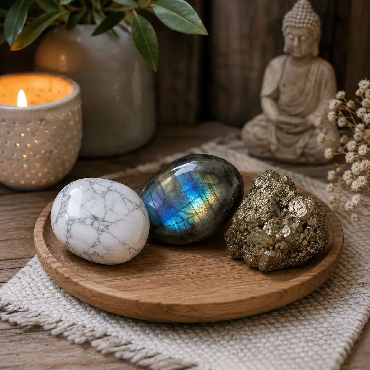 Trois pierres polies sur une planche en bois, dont une blanche marbrée, une labradorite irisée et une pyrite dorée, ambiance zen avec bougie et statue de Bouddha.