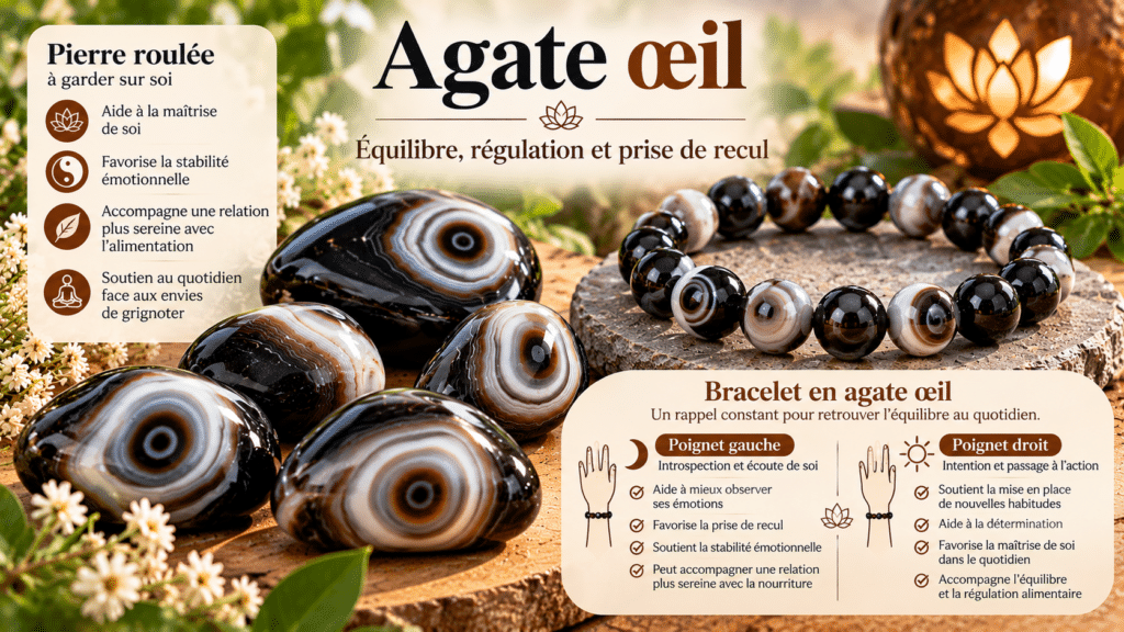 Agate œil en pierres roulées et bracelet de perles noires et blanches, avec les bienfaits traditionnels en lithothérapie et les significations du port au poignet gauche ou droit.
