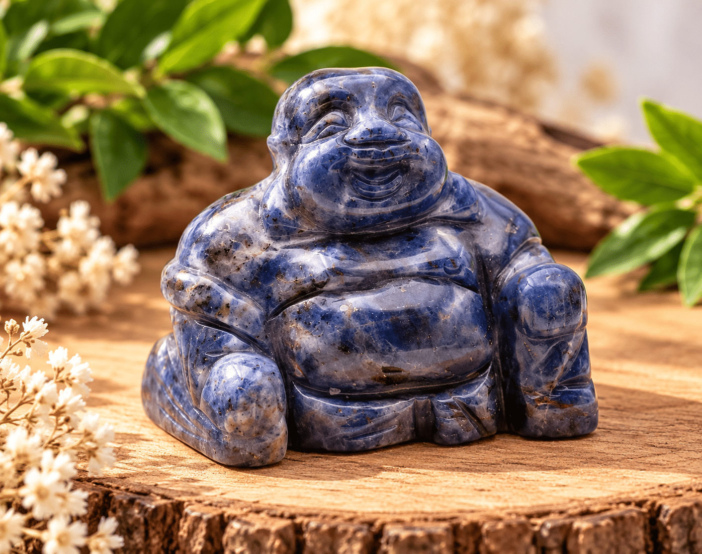 Bouddha en Sodalite naturelle – sculpture en pierre d’apaisement, de confiance et de communication en lithothérapie
