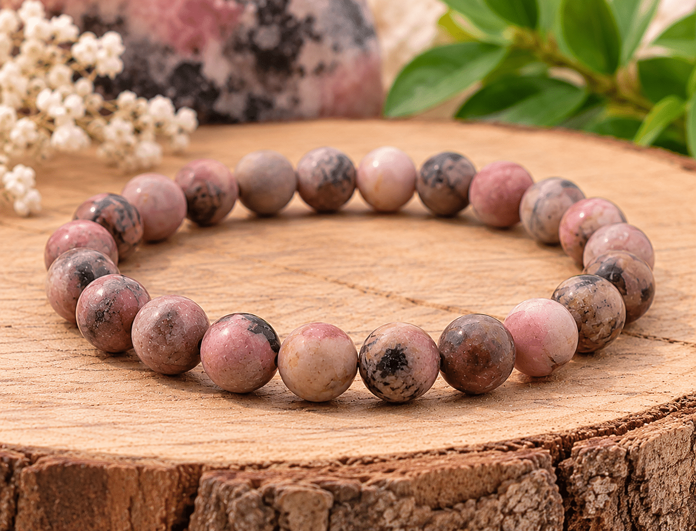 Bracelet en Rhodonite naturelle – pierre d’amour, d’apaisement émotionnel et de confiance en lithothérapie.