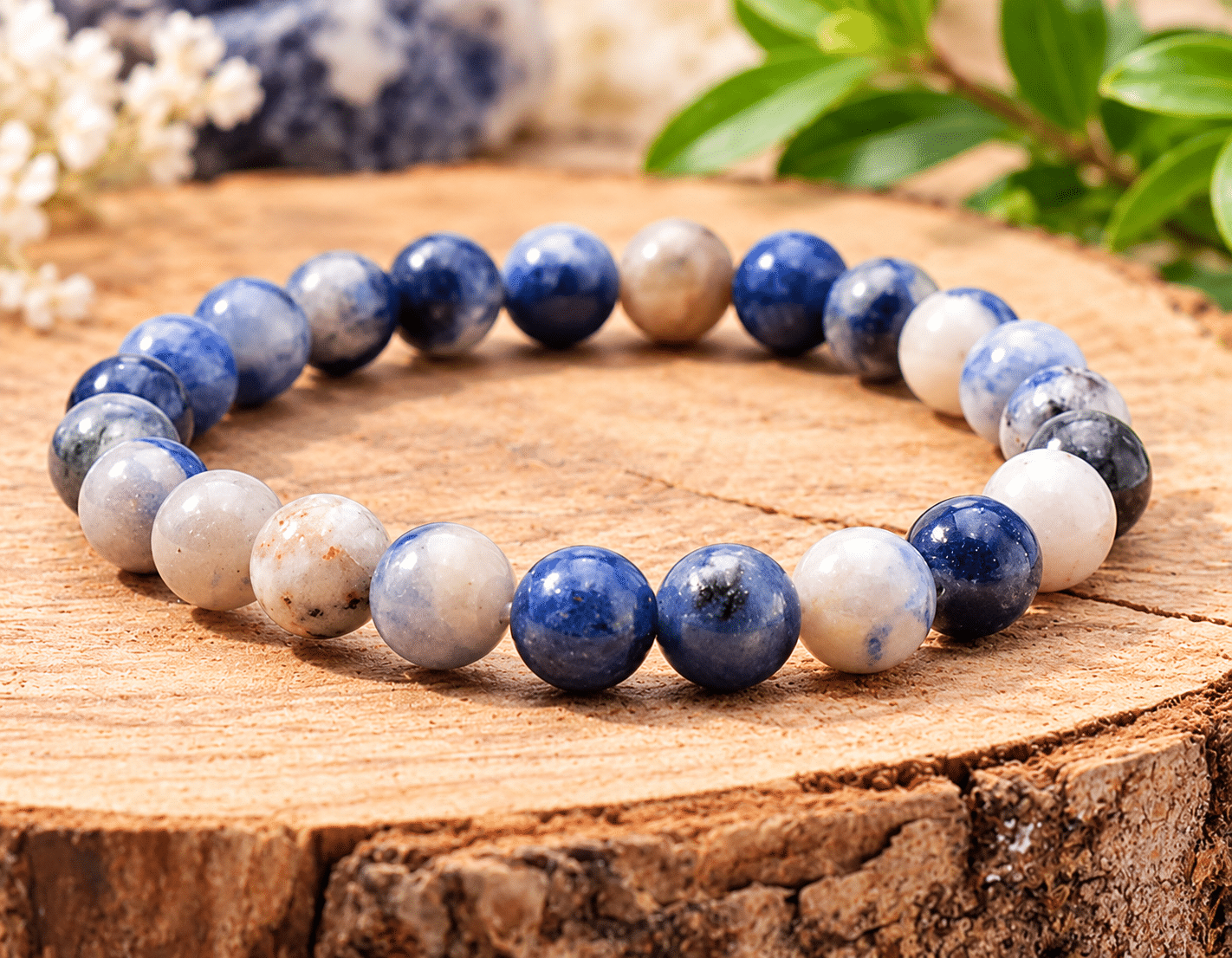 bracelet boule Sodalite Taille de la perle : 8mm Qualité : AB (Standard) couleur : Bleu Apparence : Boule / Polies Tour de poignet (en cm) : 16 – 18 cm Nombre de perle 23/24 Origine pierre : NAMIBIE