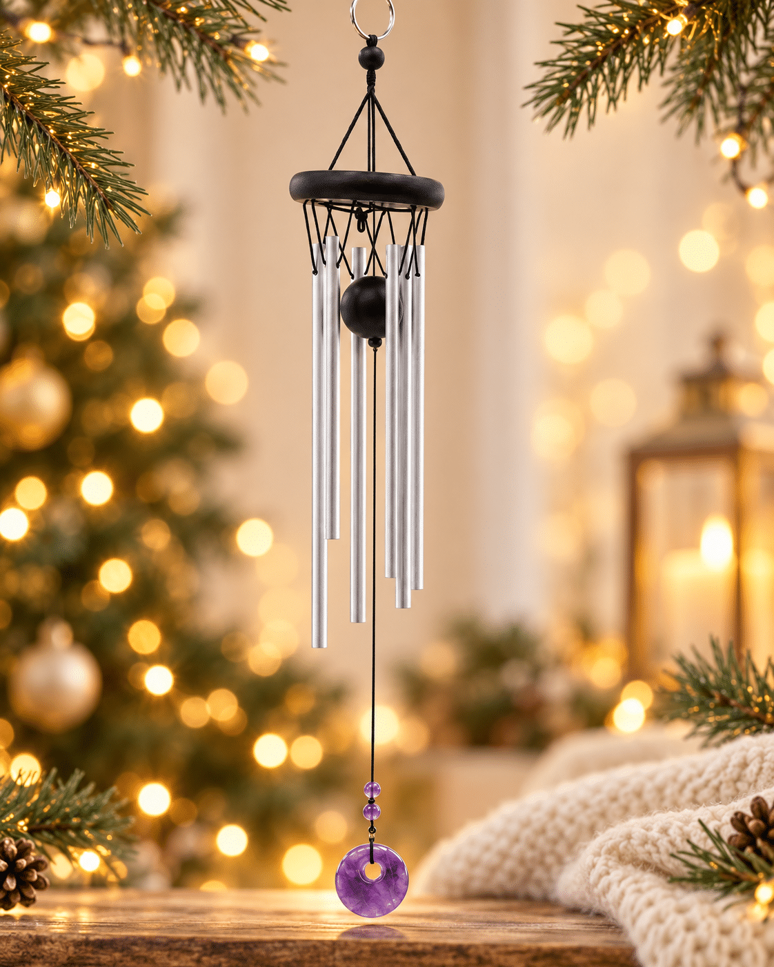 Carillon à vent en améthyste avec tubes argentés, suspendu dans une ambiance de Noël chaleureuse, décoré de branches de sapin et de guirlandes lumineuses.