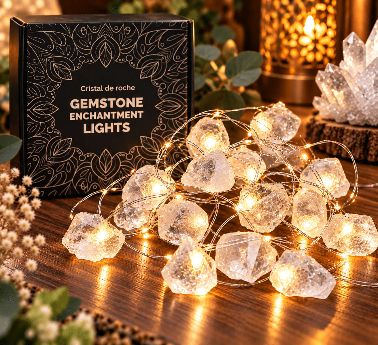 Guirlande lumineuse LED en Cristal de Roche naturel – décoration en pierres naturelles