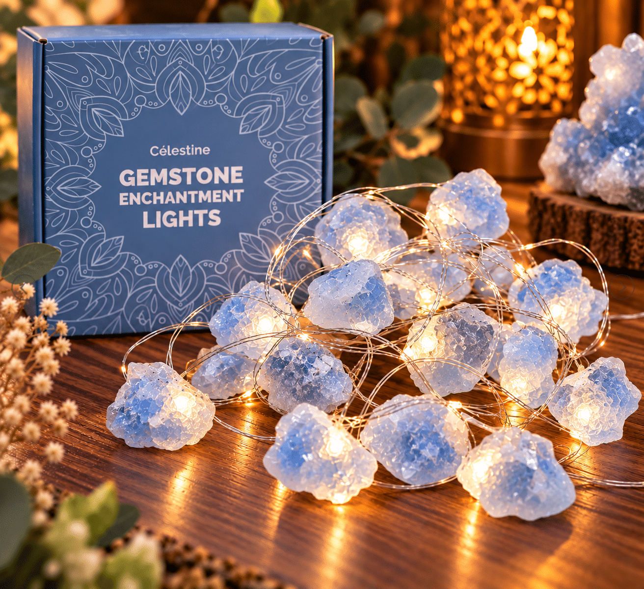 Guirlande lumineuse LED en Célestine naturelle – décoration en pierres aux nuances bleutées