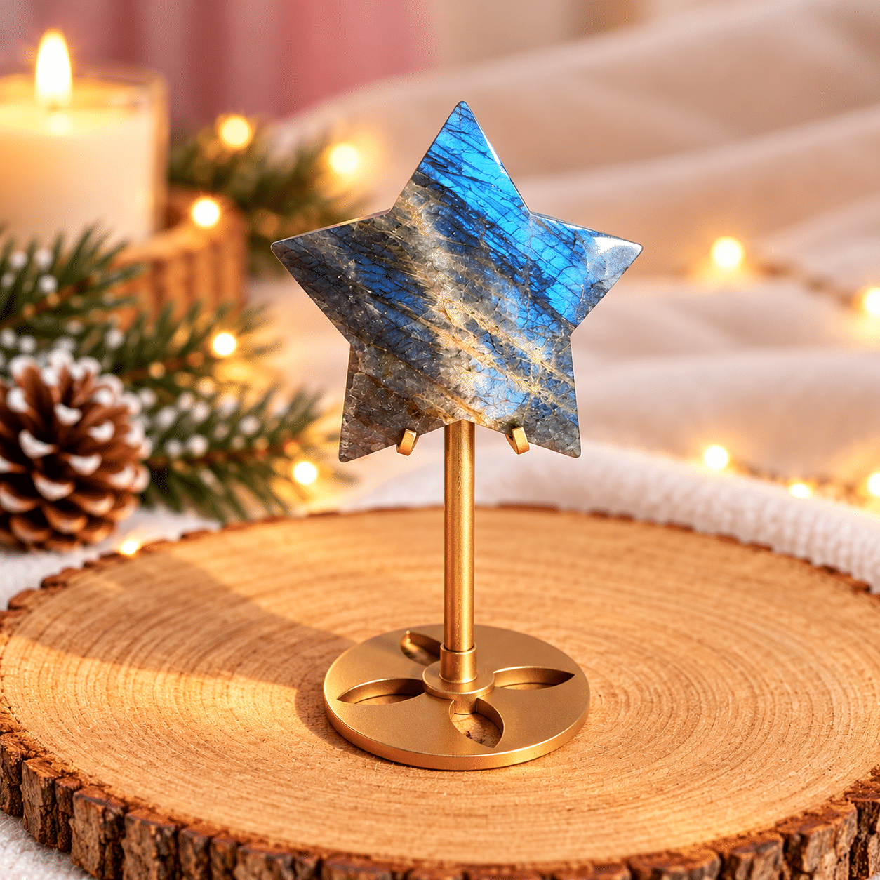 Étoile en pierre de lune et pierre de soleil aux reflets bleus irisés, sur socle métallique doré, dans une ambiance chaleureuse de Noël.