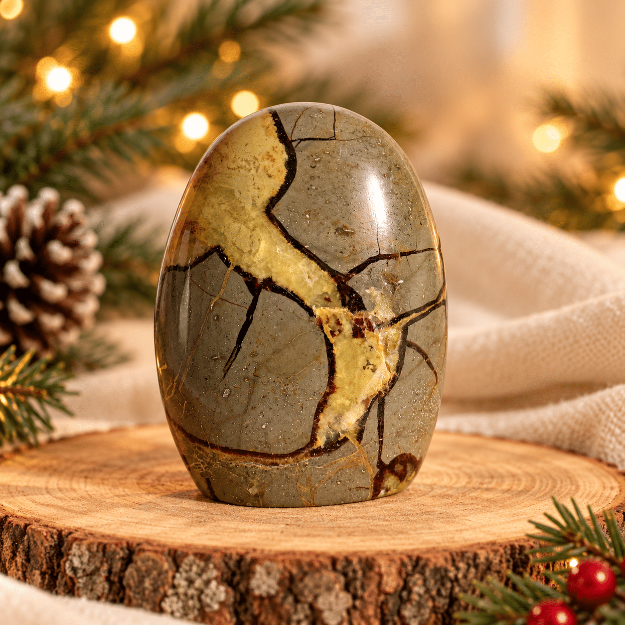 Forme libre en septaria naturelle polie de Madagascar, aux nuances grises et jaunes traversées de veines brunes, présentée sur un socle en bois dans une ambiance de Noël avec sapin et guirlandes lumineuses.