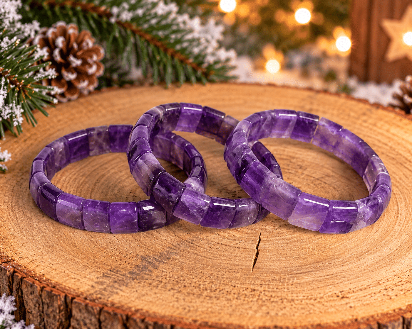 Trois bracelets en améthyste naturelle, composés de perles plaques polies aux nuances violettes et mauves, présentés sur un socle en bois dans une ambiance de Noël avec sapin enneigé, pommes de pin et guirlandes lumineuses dorées.