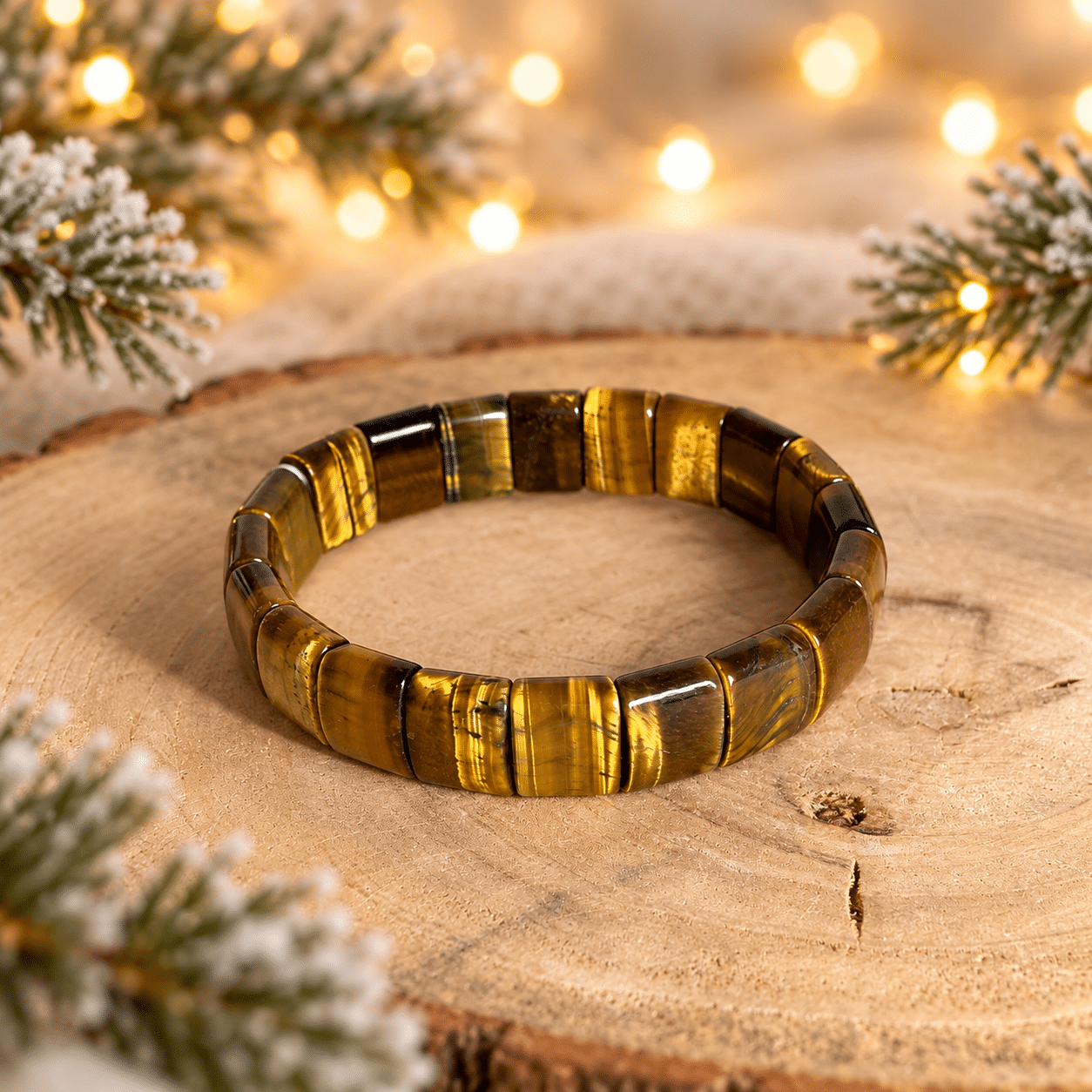 Bracelet en œil de tigre naturel, composé de perles plaques polies aux reflets chatoyants dorés et marron, présenté sur un socle en bois dans une ambiance de Noël chaleureuse avec branches de sapin enneigées et lumières dorées.