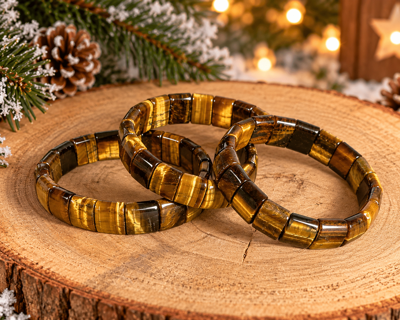 Trois bracelets en œil de tigre naturel, composés de perles plaques polies aux reflets dorés et bruns, présentés sur un socle en bois dans une ambiance de Noël avec sapin enneigé, pommes de pin et guirlandes lumineuses.