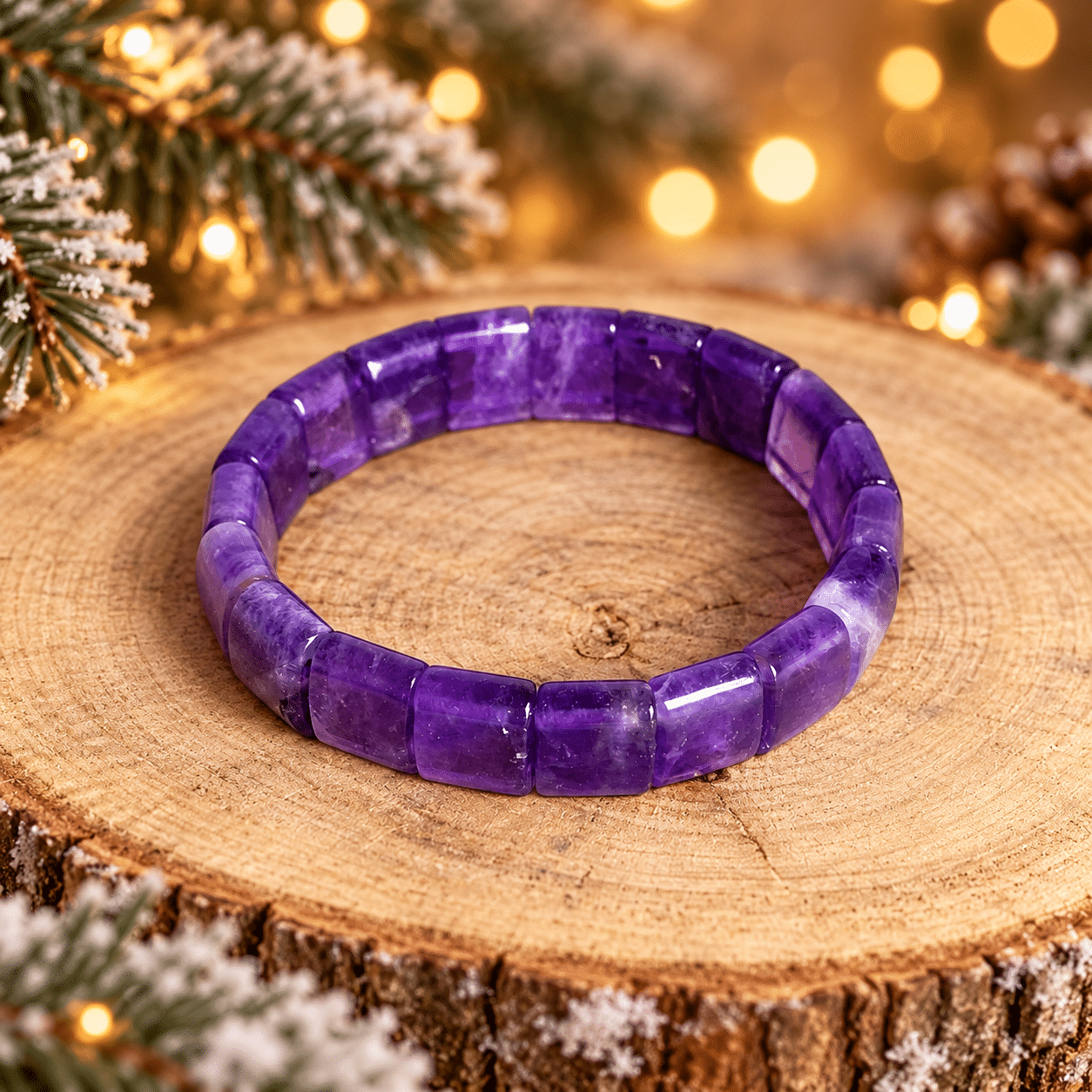 Bracelet en améthyste naturelle, composé de perles plaques polies aux nuances violettes, présenté sur un socle en bois dans une ambiance de Noël avec branches de sapin enneigées et guirlandes lumineuses dorées.
