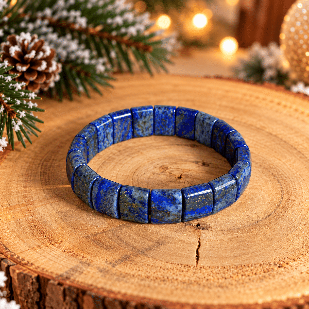 Bracelet en lapis-lazuli naturel, composé de perles plaques polies bleu intense avec inclusions dorées de pyrite, présenté sur un socle en bois dans une ambiance de Noël chaleureuse avec branches de sapin enneigées.