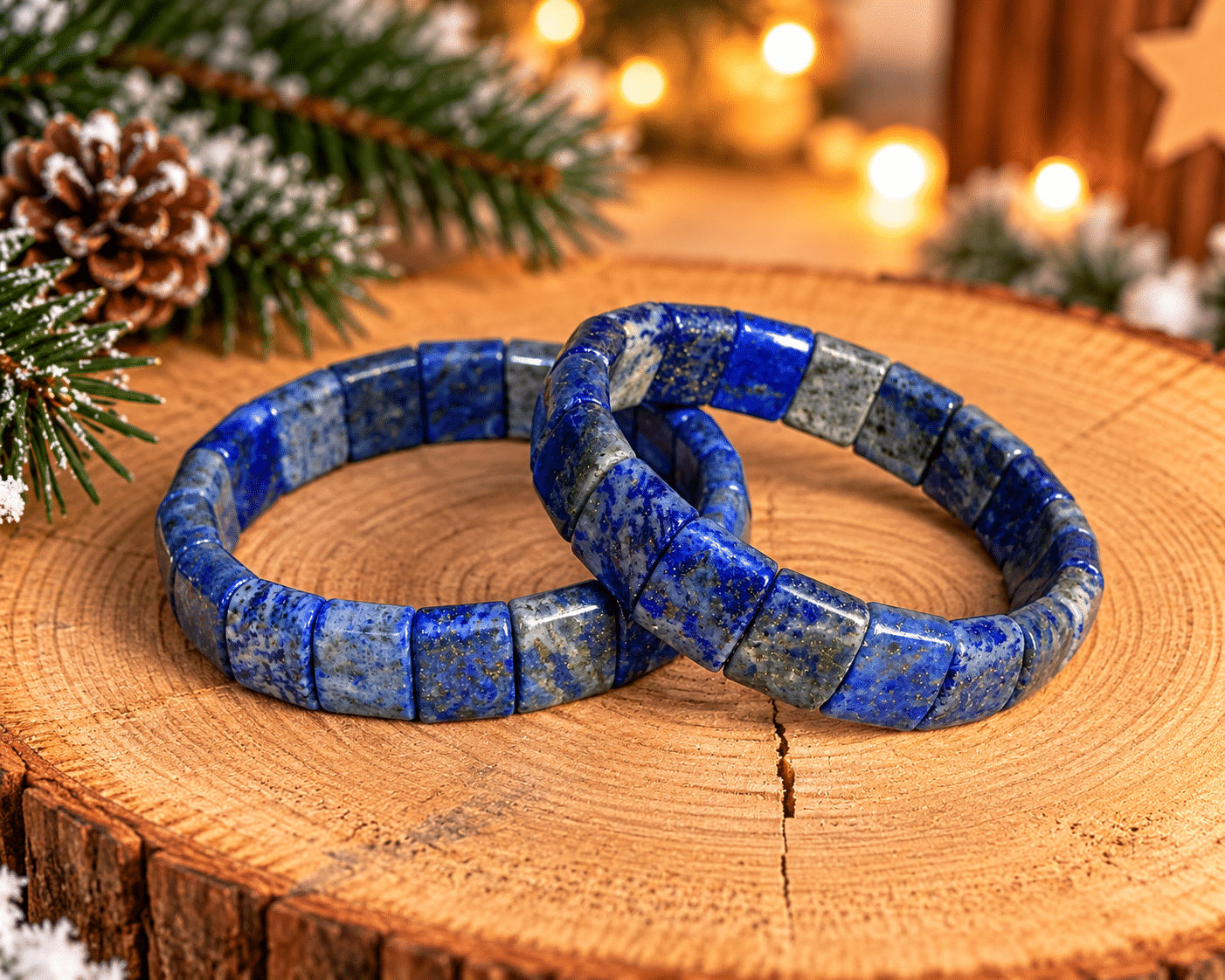 Deux bracelets en lapis-lazuli naturel, composés de perles plaques polies aux nuances bleu profond, gris et inclusions dorées, présentés sur un socle en bois dans une ambiance de Noël avec sapin enneigé et guirlandes lumineuses.