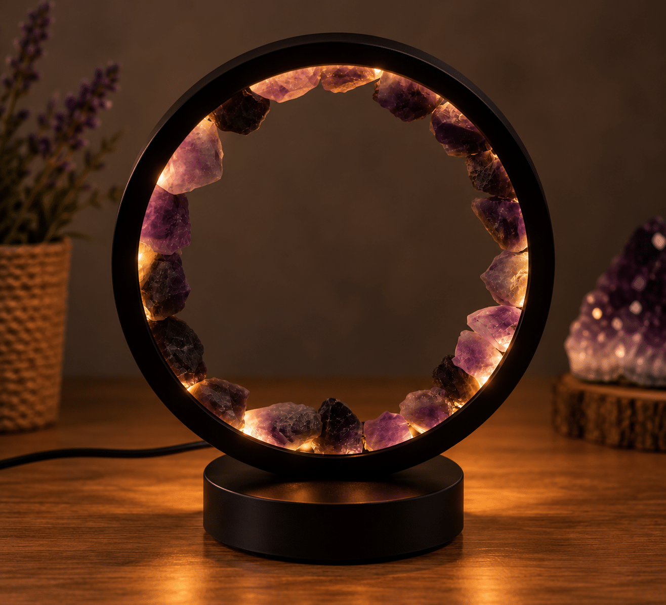 Lampe Halo en améthyste naturelle brute, pierres violettes illuminées par une lumière LED chaleureuse, socle noir et décoration zen.