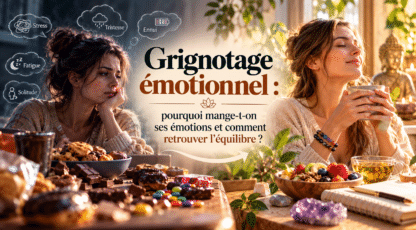Grignotage émotionnel : femme stressée face aux sucreries et femme apaisée illustrant une relation plus sereine avec la nourriture.