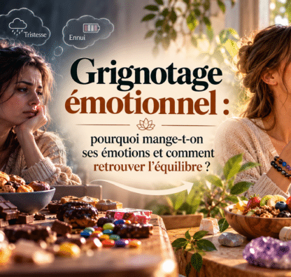 Grignotage émotionnel : femme stressée face aux sucreries et femme apaisée illustrant une relation plus sereine avec la nourriture.