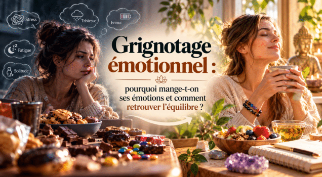 Grignotage émotionnel : femme stressée face aux sucreries et femme apaisée illustrant une relation plus sereine avec la nourriture.