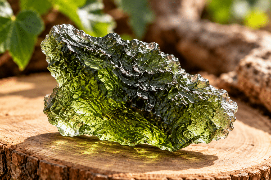 Moldavite verte brute, verre naturel formé lors d'un impact météoritique
