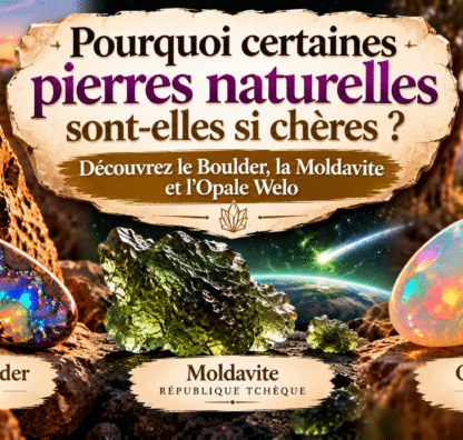 Opale Boulder d’Australie, Moldavite verte et Opale Welo d’Éthiopie – trois pierres naturelles rares et précieuses, illustration d’un article sur leur valeur et leur prix.
