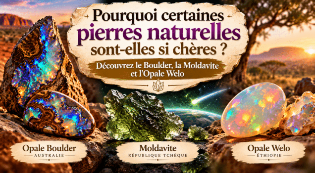Opale Boulder d’Australie, Moldavite verte et Opale Welo d’Éthiopie – trois pierres naturelles rares et précieuses, illustration d’un article sur leur valeur et leur prix.