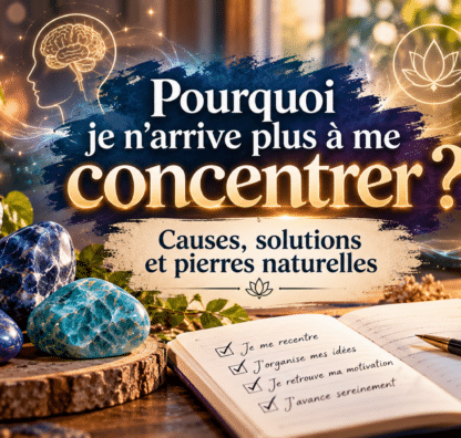 Difficultés de concentration : Fluorine, Sodalite, Lapis-lazuli et Apatite bleue sur un bureau, avec conseils et affirmations positives pour se recentrer.