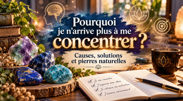 Difficultés de concentration : Fluorine, Sodalite, Lapis-lazuli et Apatite bleue sur un bureau, avec conseils et affirmations positives pour se recentrer.