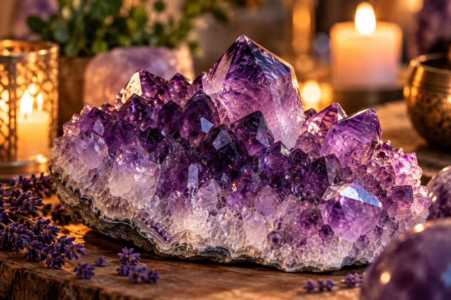 Auréole de pierres d’améthyste violettes sur socle, entourées de bougies et de lavande, ambiance calme et bienveillante.
