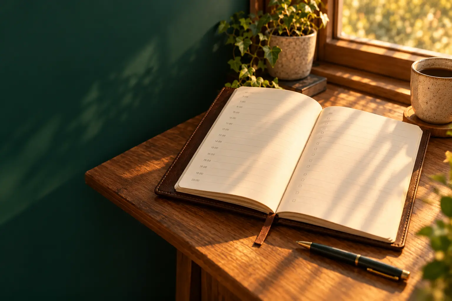 Carnet ouvert sur une table en bois près d’une fenêtre, lumière naturelle, plante et tasse, ambiance apaisante et Carnet ouvert sur une table en bois près d’une fenêtre, lumière naturelle, plante et tasse, ambiance apaisante et