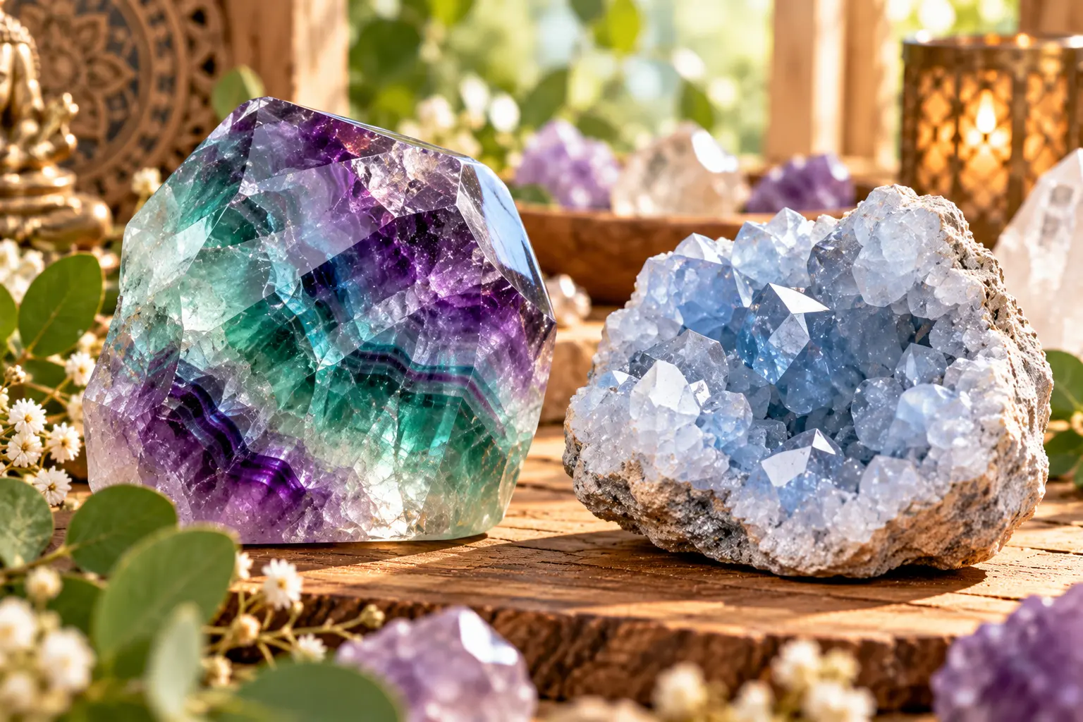 Cristal géant multicolore en forme facettée et géode bleue cristallisée sur bois, entouré de fleurs et d’éléments décoratifs.