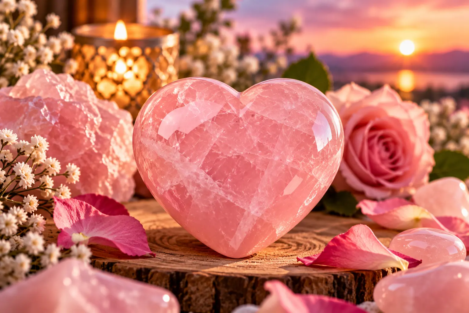 Cœur en quartz rose sur tranche de bois, entouré de fleurs et pétales, ambiance douce au coucher du soleil.