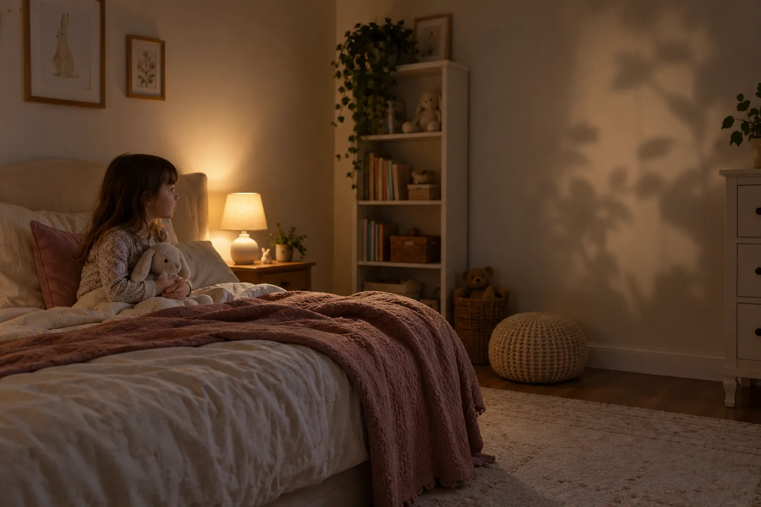 Une enfant assise au bord du lit dans une chambre éclairée par une lampe, regardant devant elle avec une peluche dans les