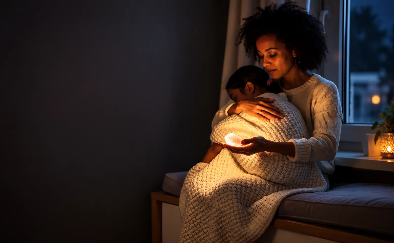 Femme afro-américaine réconfortant une enfant enveloppée dans une couverture près d’une fenêtre, tenant une lumière chaude