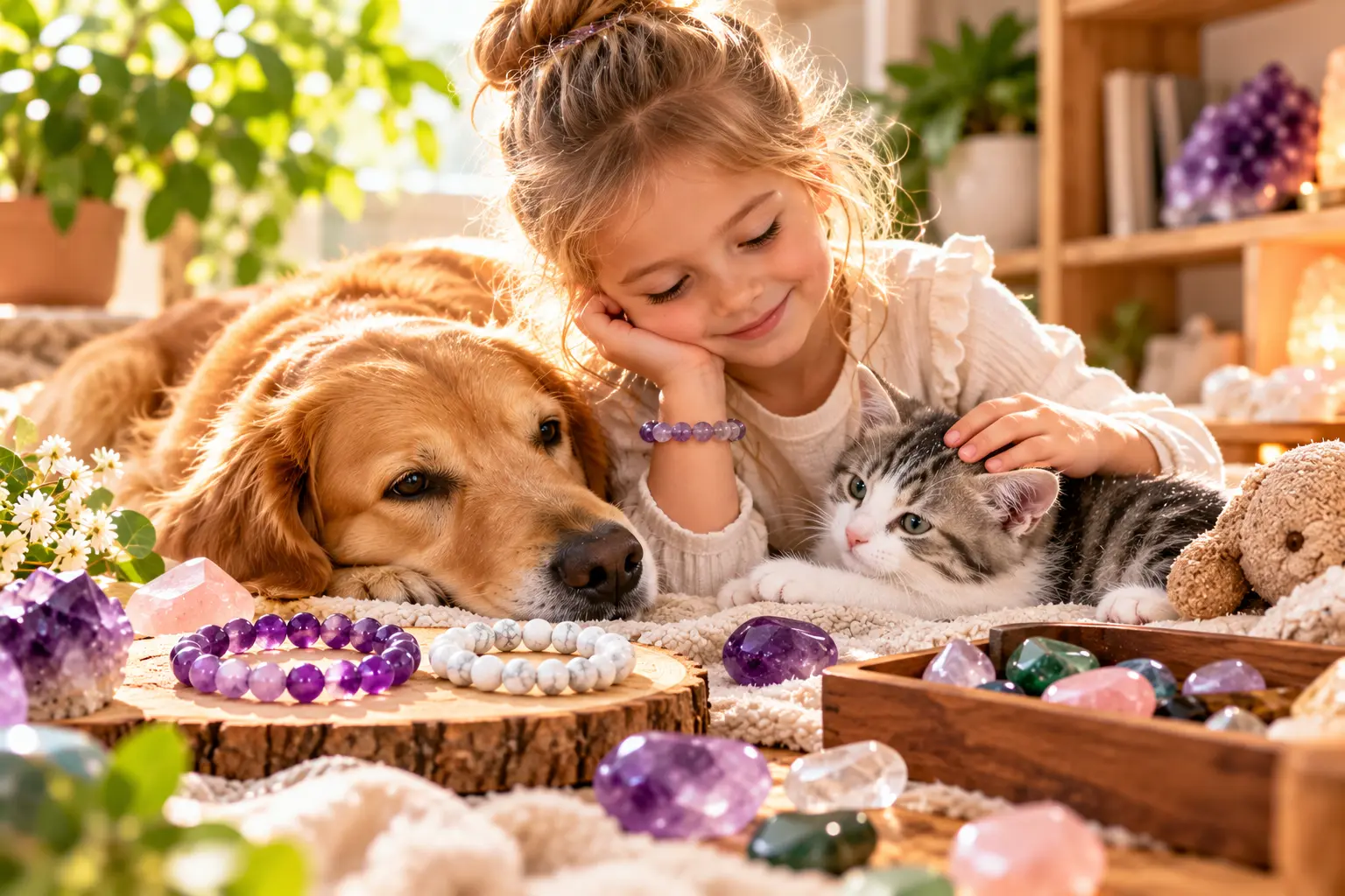 Une jeune fille souriante caresse un chat gris et un chien golden retriever, entourés de pierres et bijoux améthystes et
