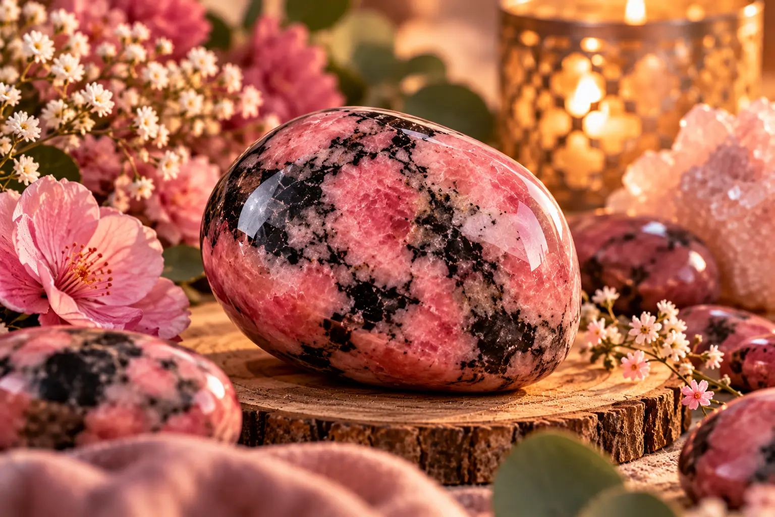 Pierre roulée de rhodonite rose- noire, posée sur rondin de bois avec fleurs et lumière chaleureuse en arrière-plan.