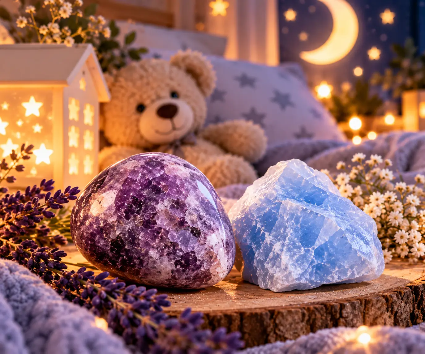 Pierre translucide violet et pierre bleue sur une tranche de bois, ambiance lumineuse with lavender et peluche en