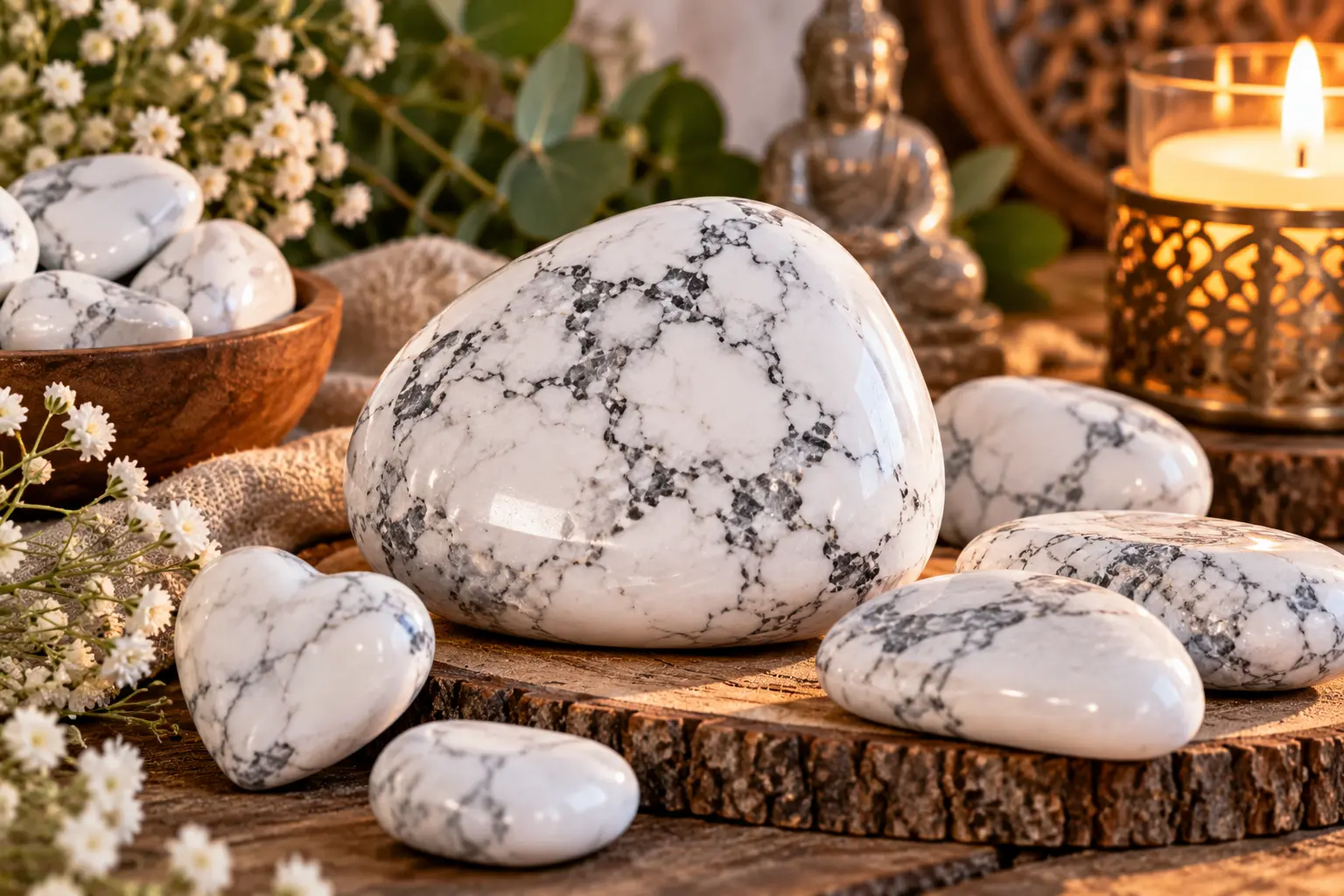 Pierres calcaires marbrées blanches et gris clair sur une planche en bois, entourées de fleurs et d’une bougie, ambiance zen.
