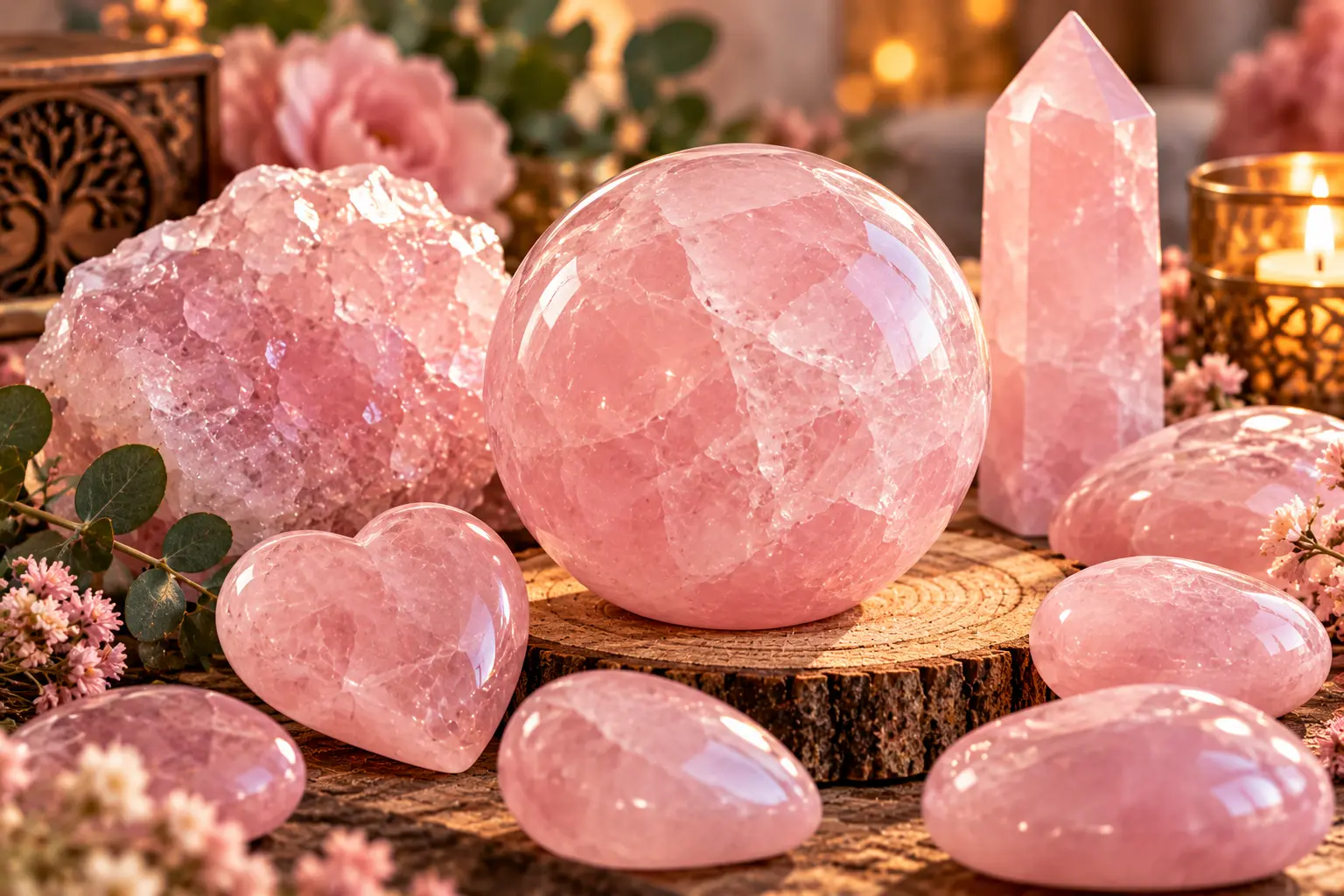 Pierres et cristaux roses en forme de cœur et sphère sur une tranche de bois, ambiance chaleureuse et zen.