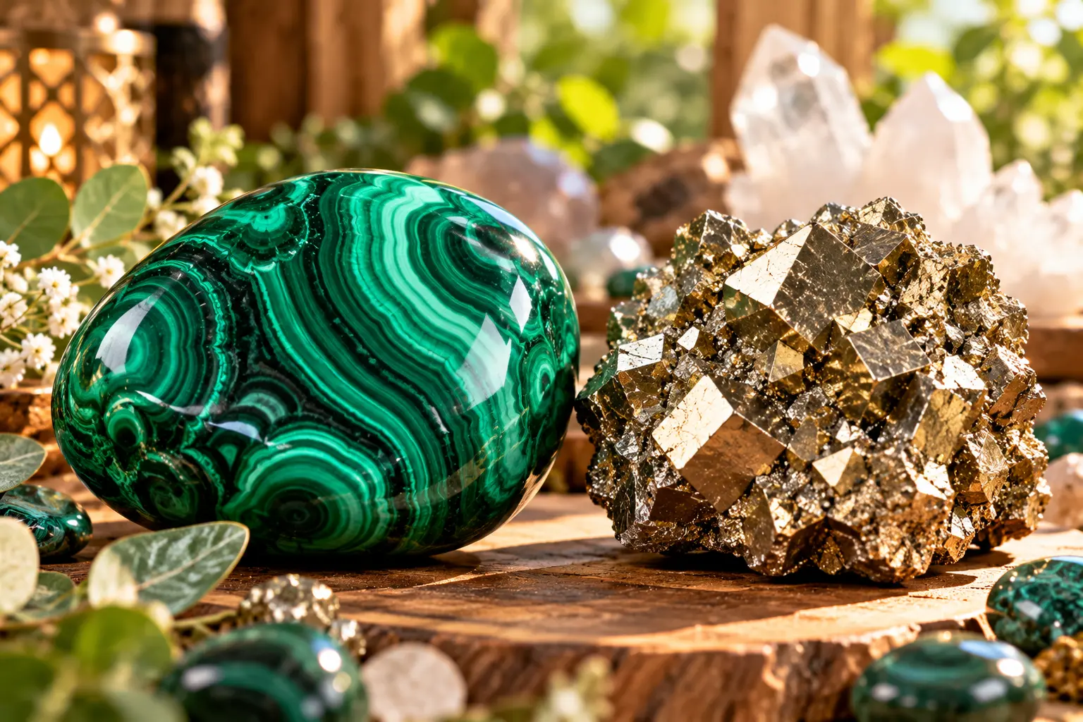Sphère malachite verte lustrée à côté d’un cluster pyritique doré, posé sur une coupe en bois avec feuilles et cristaux